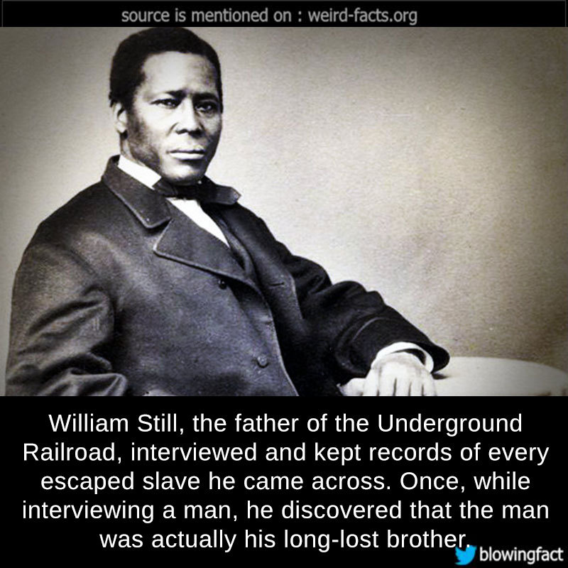 gentleman - source is mentioned on weirdfacts.org William Still, the father of the Underground Railroad, interviewed and kept records of every escaped slave he came across. Once, while interviewing a man, he discovered that the man was actually his longlo