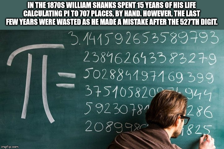 human behavior - In The 1870S William Shanks Spent 15 Years Of His Life Calculating Pi To 707 Places, By Hand. However, The Last Few Years Were Wasted As He Made A Mistake After The 527 Th Digit. Te 3.141592653589793 238462643383279 502884197169 399 37510