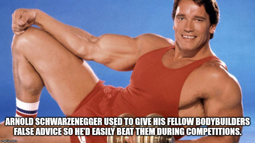 arnold schwarzenegger - Arnold Schwarzenegger Used To Give His Fellow Bodybuilders False Advice So He'D Easily Beat Them During Competitions. imgflip.com