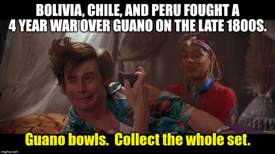 somafm - Bolivia, Chile, And Peru Fought A 4 Year War Over Guano On The Late 1800S. Guano bowls. Collect the whole set. imgflip.com