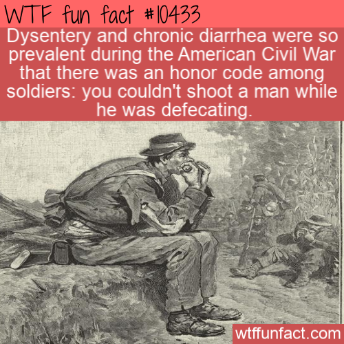 human behavior - Wtf fun fact Dysentery and chronic diarrhea were so prevalent during the American Civil War that there was an honor code among soldiers you couldn't shoot a man while he was defecating. wtffunfact.com