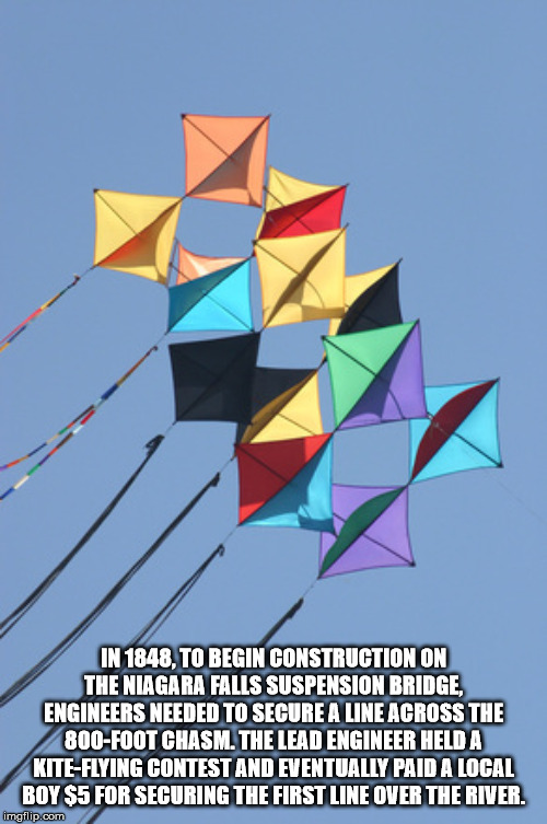 kite - In 1848, To Begin Construction On The Niagara Falls Suspension Bridge, Engineers Needed To Secure A Line Across The 800Foot Chasm. The Lead Engineer Held A KiteFlying Contest And Eventually Paid A Local Boy S5 For Securing The First Line Over The R