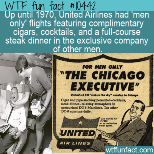 human behavior - Wtf fun fact Up until 1970, United Airlines had 'men only' flights featuring complimentary cigars, cocktails, and a fullcourse steak dinner in the exclusive company of other men. For Men Only "The Chicago Executive" United's 5PM "elub in 
