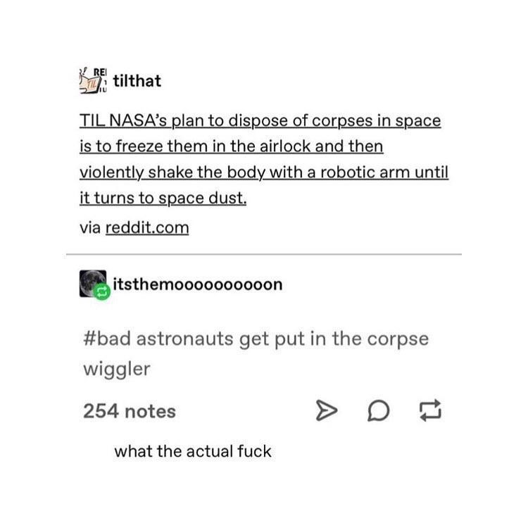 document - tilthat Til Nasa's plan to dispose of corpses in space is to freeze them in the airlock and then violently shake the body with a robotic arm until it turns to space dust. via reddit.com itsthemoooooooooon astronauts get put in the corpse wiggle