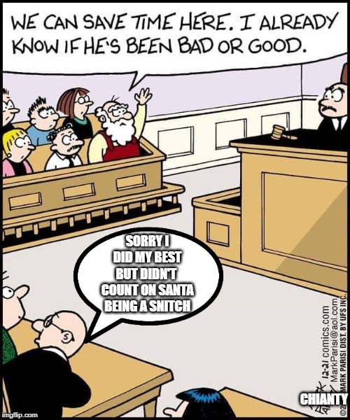 boss has jury duty - We Can Save Time Here. I Already Know If He'S Been Bad Or Good. Sorry Did My Best But Didnt Count On Santa Being A Snitch Aer 1221 comics.com Ev MarkParisi.com 2XMARK Parisi Dist. By Ufs Inc. imgflip.com