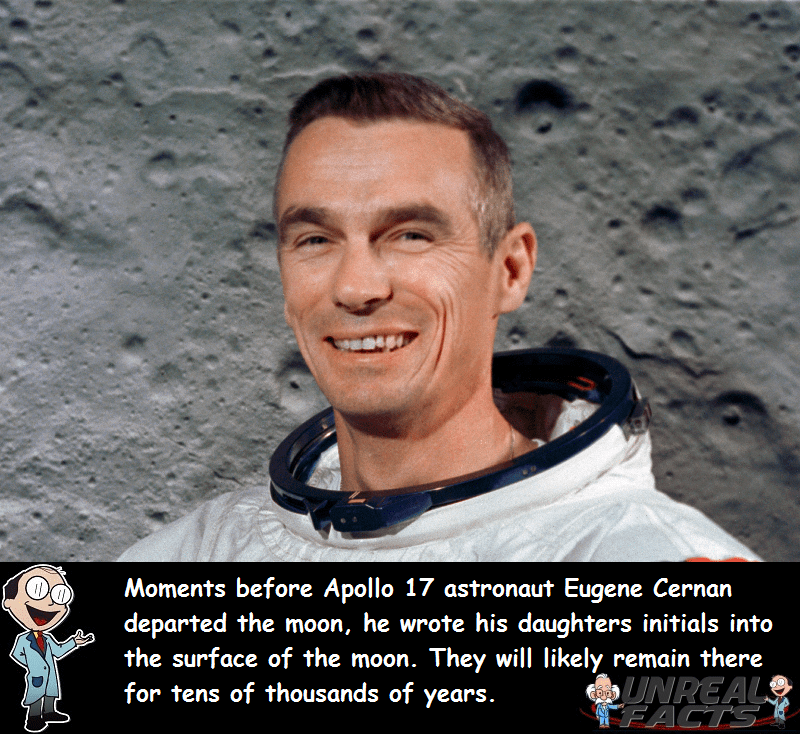 eugene cernan - oo Moments before Apollo 17 astronaut Eugene Cernan departed the moon, he wrote his daughters initials into the surface of the moon. They will ly remain there for tens of thousands of years.