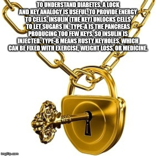 lock psd - To Understand Diabetes, A Lock And Key Analogy Is Useful. To Provide Energy To Cells, Insulin The Keyi Unlocks Cells To Let Sugars Inl TypeA Is The Pancreas Producing Too Few Keys, So Insulin Is Injected. TypeB Means Rusty Keyholes, Which Can B