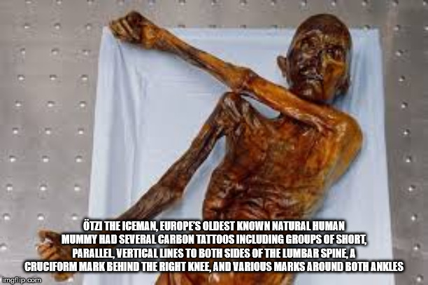 otzi the iceman - Tzi The Iceman, Europe'S Oldest Known Natural Human Mummy Had Several Carbon Tattoos Including Groups Of Short, Parallel Vertical Lines To Both Sides Of The Lumbar Spine A Cruciform Mark Behind The Right Knee And Various Marks Around Bot