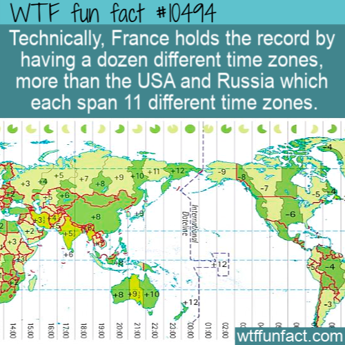 world time zones - Wtf fun fact Technically, France holds the record by having a dozen different time zones, more than the Usa and Russia which each span 11 different time zones. > > > 97101112 9 5 3 4 3 8 5 Dateline International 51 8 9 10 0010 02.00 wtf