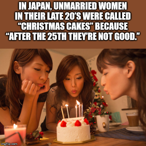 japanese christmas cake woman - In Japan, Unmarried Women In Their Late 20'S Were Called "Christmas Cakes" Because "After The 25TH They'Re Not Good." imgflip.com