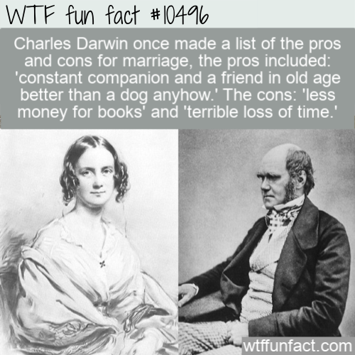 charles darwin marriage - Wtf fun fact Charles Darwin once made a list of the pros and cons for marriage, the pros included 'constant companion and a friend in old age better than a dog anyhow.' The cons 'less money for books' and 'terrible loss of time.'