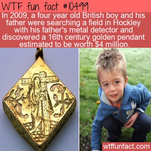 Wtf fun fact In 2009, a four year old British boy and his father were searching a field in Hockley with his father's metal detector and discovered a 16th century golden pendant estimated to be worth $4 million, wtffunfact.com