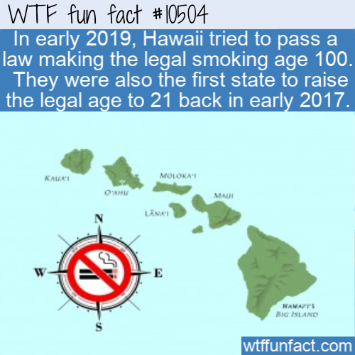 hawaii - Wtf fun fact In early 2019, Hawaii tried to pass a law making the legal smoking age 100. They were also the first state to raise the legal age to 21 back in early 2017. Kauri Molokat Oahu Lana Hamarts Big Island wtffunfact.com