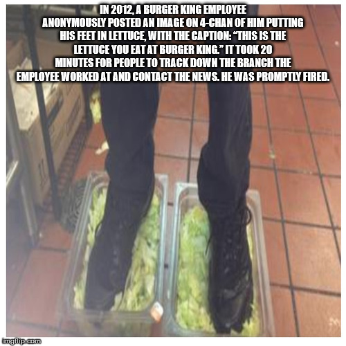 funny ddlc memes - In 2012, A Burger King Employee Anonymously Posted An Image On 4Chan Of Him Putting His Feet In Lettuce With The Caption "This Is The Lettuce You Eat At Burger King. It Took 20 Minutes For People To Track Down The Branch The Employee Wo