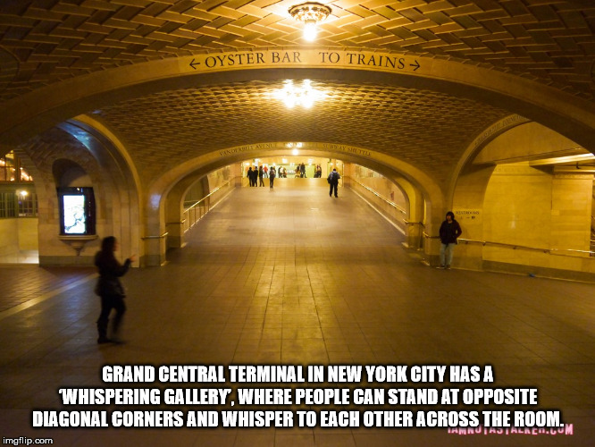 tourist attraction - Oyster Bar To Trains Grand Central Terminal In New York City Has A 'Whispering Gallery, Where People Can Stand At Opposite Diagonal Corners And Whisper To Each Other Across The Room. imgflip.com Annajalaca.Lum