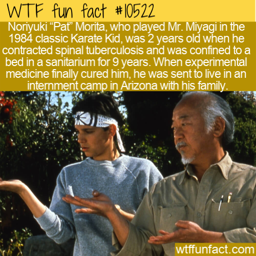 karate kid - Wtf fun fact Noriyuki Pa Morita, who played Mr. Miyagi in the 1984 classic Karate Kid, was 2 years old when he contracted spinal tuberculosis and was confined to a bed in a sanitarium for 9 years. When experimental medicine finally cured him,