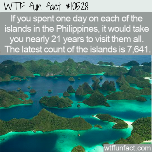 raja ampat - Wtf fun fact If you spent one day on each of the islands in the Philippines, it would take you nearly 21 years to visit them all. The latest count of the islands is 7,641. wtffunfact.com