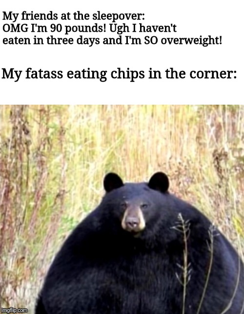 absolute unit meme - My friends at the sleepover Omg I'm 90 pounds! gh I haven't eaten in three days and I'm so overweight! My fatass eating chips in the corner umgflip.com