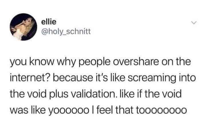 document - ellie you know why people over on the internet? because it's screaming into the void plus validation. if the void was yoooooo I feel that too000000