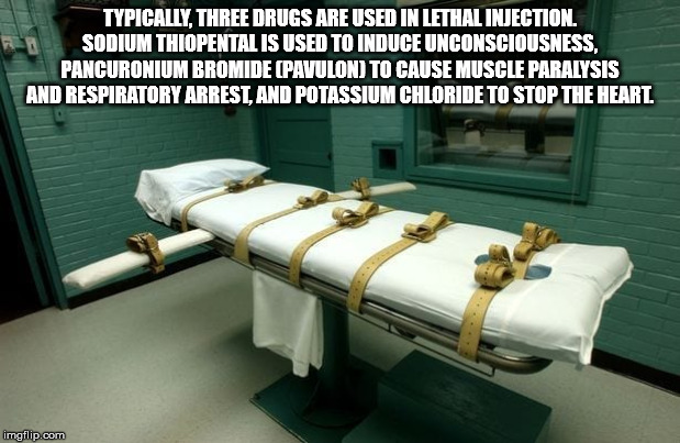 Typically, Three Drugs Are Used In Lethal Injection. Sodium Thiopental Is Used To Induce Unconsciousness, Pancuronium Bromide Pavulon To Cause Muscle Paralysis And Respiratory Arrest, And Potassium Chloride To Stop The Heart imgflip.com