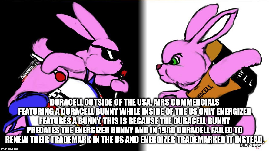 Energizer 11 Racell Duracell Outside Of The Usa, Airs Commercials Featuring A Duracell Bunny While Inside Of The Us Only Energizer Features A Bunny. This Is Because The Duracell Bunny Predates The Energizer Bunny And In 1980 Duracell Failed To Renew Their