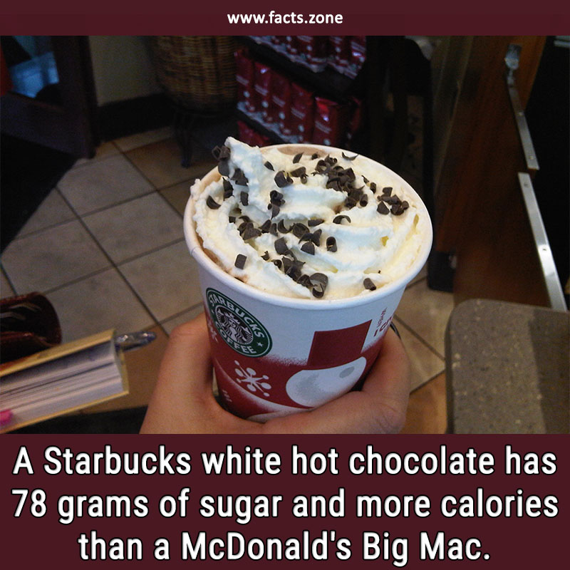 gelato - A Starbucks white hot chocolate has 78 grams of sugar and more calories than a McDonald's Big Mac.