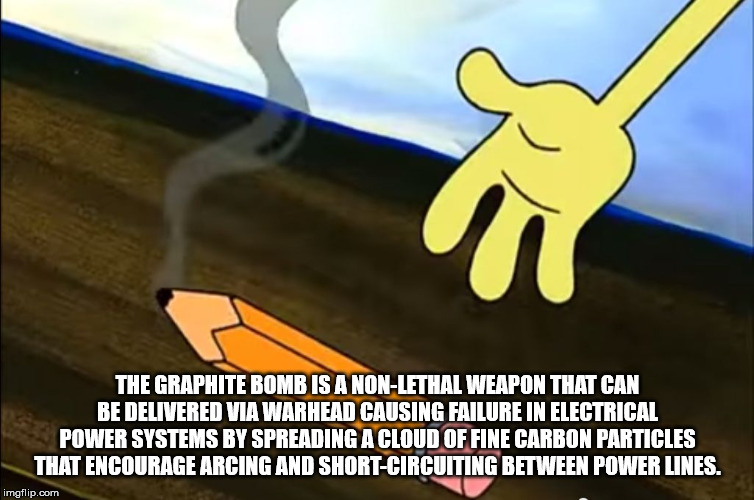 cartoon - The Graphite Bomb Is A NonLethal Weapon That Can Be Delivered Via Warhead Causing Failure In Electrical Power Systems By Spreading A Cloud Of Fine Carbon Particles That Encourage Arcing And ShortCircuiting Between Power Lines. imgflip.com