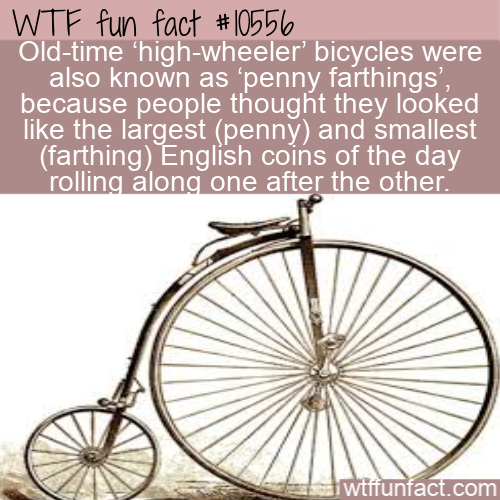 bicycle - Wtf fun fact Oldtime highwheeler' bicycles were also known as 'penny farthings', because people thought they looked the largest penny and smallest farthing English coins of the day rolling along one after the other. wtffunfact.com