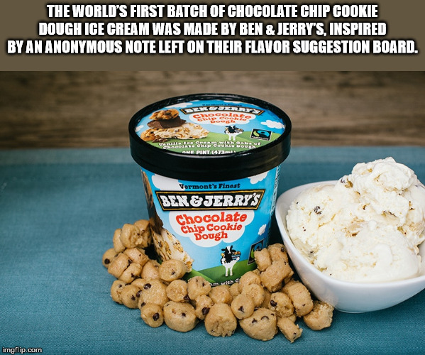 ben and jerry's - The World'S First Batch Of Chocolate Chip Cookie Doughice Cream Was Made By Ben & Jerry'S. Inspired By An Anonymous Note Left On Their Flavor Suggestion Board. VaR kerana Am Pint 473 Vermont's Finest Ben&Jerry'S Chocolate Chip Cookie Dou