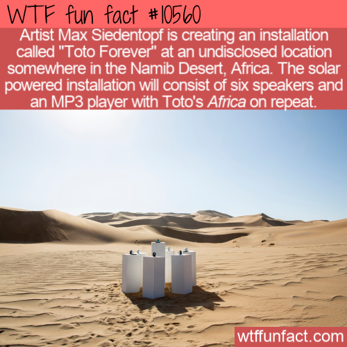 toto africa namib - Wtf fun fact Artist Max Siedentopf is creating an installation called "Toto Forever" at an undisclosed location somewhere in the Namib Desert, Africa. The solar powered installation will consist of six speakers and an MP3 player with T