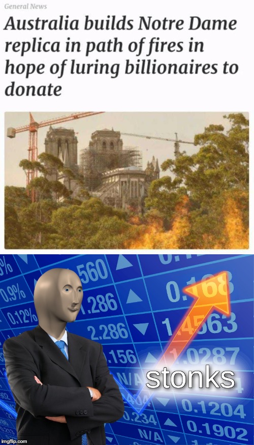 meme stonks - General News Australia builds Notre Dame replica in path of fires in hope of luring billionaires to donate 0 1.9% 5601 Aus 51.286 A 0.108 0.12% 2.286 1 4763 1.156 0297 W. Stonks Do 0.1204 0.234 Nia 0.1902 imgflip.com