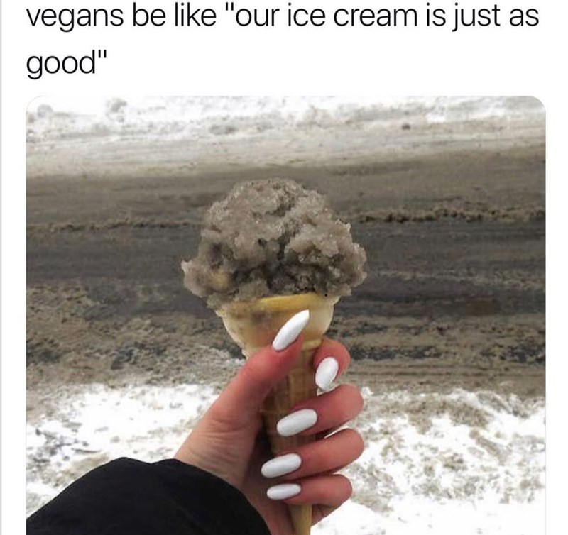 thanks i hate it snow - vegans be "our ice cream is just as good"