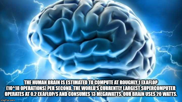 brain thinking - The Human Brain Is Estimated To Compute At Roughly 1 Exaflop 10^18 Operations Per Second. The World'S Currently Largest Supercomputer Operates At 0.2 ExaflopS And Consumes 13 Megawatts. Our Brain Uses 20 Watts. imgflip.com