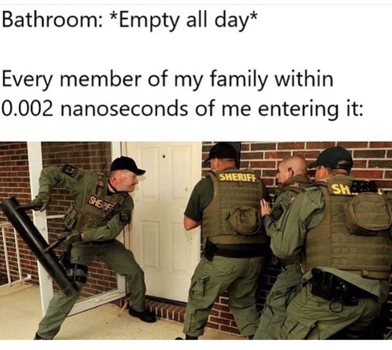 sheriff meme open door - Bathroom Empty all day Every member of my family within 0.002 nanoseconds of me entering it Sheriff Hhh