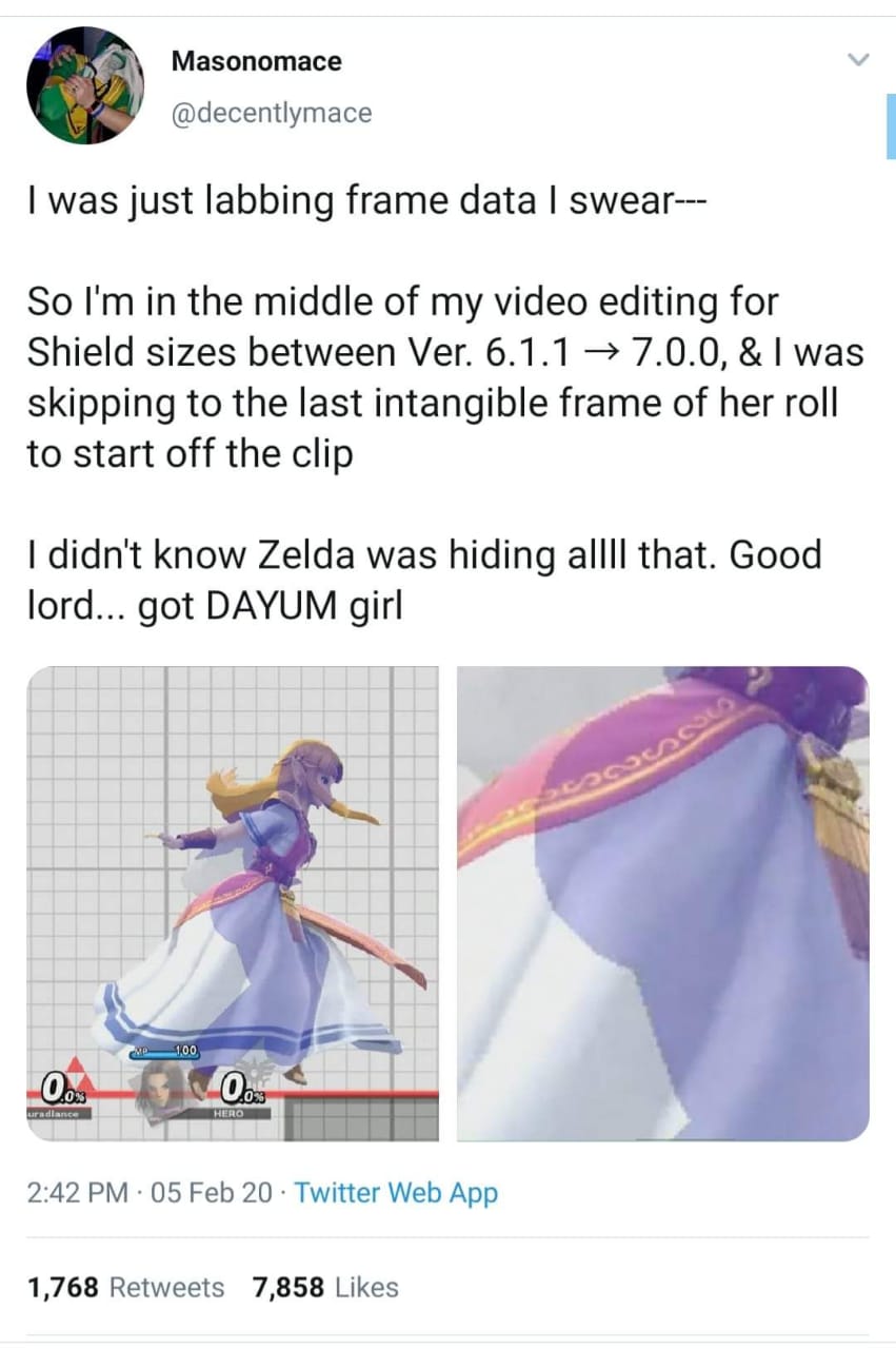lavender - Masonomace I was just labbing frame data I swear So I'm in the middle of my video editing for Shield sizes between Ver. 6.1.1 7.0.0, & I was skipping to the last intangible frame of her roll to start off the clip I didn't know Zelda was hiding 
