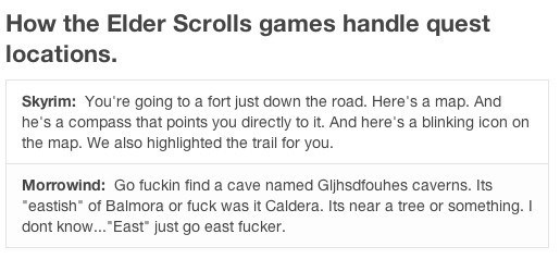 morrowind vs skyrim directions - How the Elder Scrolls games handle quest locations. Skyrim You're going to a fort just down the road. Here's a map. And he's a compass that points you directly to it. And here's a blinking icon on the map. We also highligh