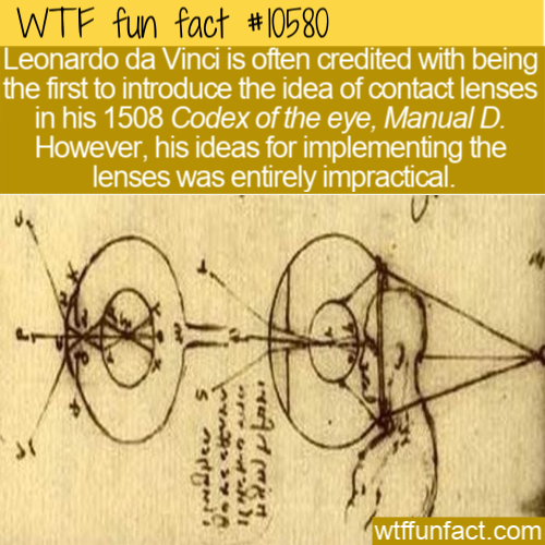 angle - Wtf fun fact Leonardo da Vinci is often credited with being the first to introduce the idea of contact lenses in his 1508 Codex of the eye, Manual D. However, his ideas for implementing the lenses was entirely impractical. s per Siva ras. 2 wtffun