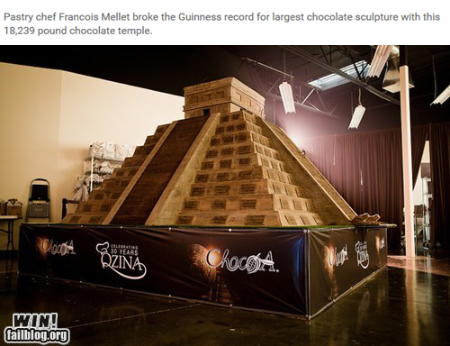 biggest chocolate structure in the world - Pastry chef Francois Mellet broke the Guinness record for largest chocolate sculpture with this 18,239 pound chocolate temple. Veras Qzina Chocota. Win! fallblog.org