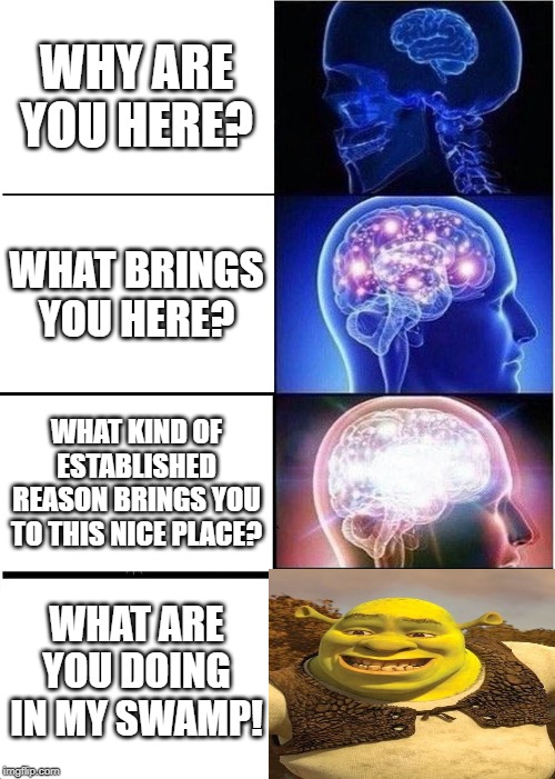 expanding brain memes - Why Are You Here? What Brings You Here? What Kind Of Established Reason Brings You To This Nice Place What Are You Doing In My Swamp! mattip.com