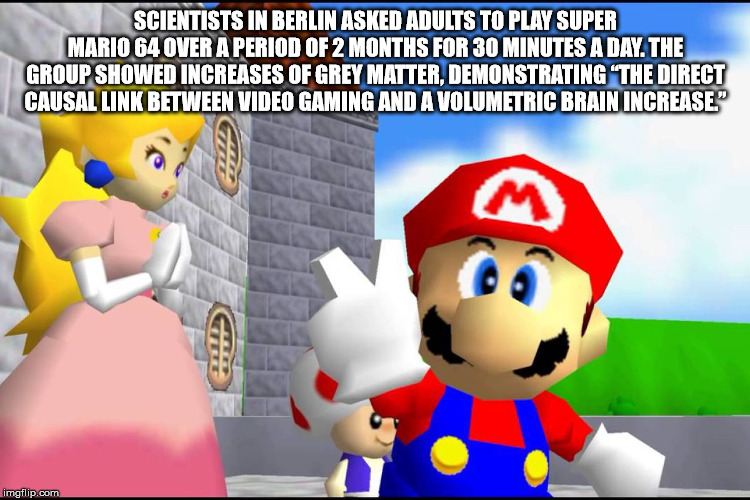 super mario 64 - Scientists In Berlin Asked Adults To Play Super Mario 64 Over A Period Of 2 Months For 30 Minutes A Day. The Group Showed Increases Of Grey Matter, Demonstrating 'The Direct Causal Link Between Video Gaming And A Volumetric Brain Increase