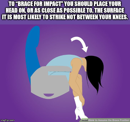 cartoon - To "Brace For Impact" You Should Place Your Head On, Or As Close As Possible To. The Surface It Is Most ly To Strike Not Between Your Knees. imgflip.com wikiHow to Assume the Brace Position