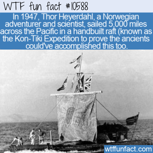 caravel - Wtf fun fact In 1947, Thor Heyerdahl, a Norwegian adventurer and scientist, sailed 5,000 miles across the Pacific in a handbuilt raft known as the KonTiki Expedition to prove the ancients could've accomplished this too. wtffunfact.com