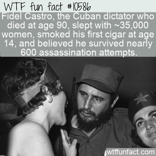 Fidel Castro - Wtf fun fact Fidel Castro, the Cuban dictator who died at age 90, slept with ~35,000 women, smoked his first cigar at age 14, and believed he survived nearly 600 assassination attempts. wtffunfact.com