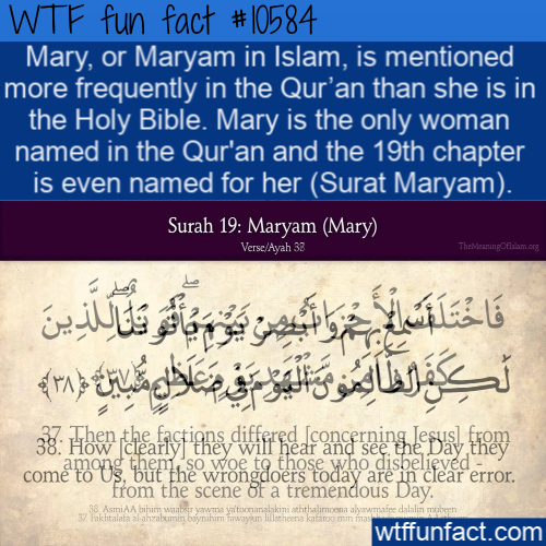 handwriting - Wtf fun fact Mary, or Maryam in Islam, is mentioned more frequently in the Qur'an than she is in the Holy Bible. Mary is the only woman named in the Qur'an and the 19th chapter is even named for her Surat Maryam. Surah 19 Maryam Mary VerseAy