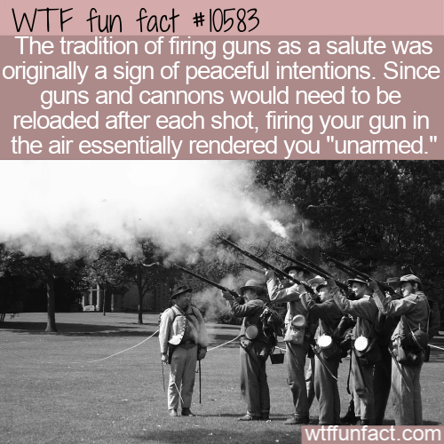 American Civil War - Wtf fun fact The tradition of firing guns as a salute was originally a sign of peaceful intentions. Since guns and cannons would need to be reloaded after each shot, firing your gun in the air essentially rendered you "unarmed." Ve wt