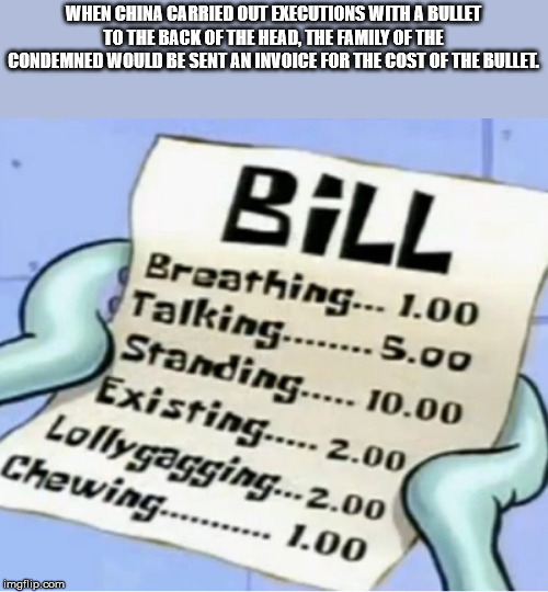 stone computers - When China Carried Out Executions With A Bullet To The Back Of The Head, The Family Of The Condemned Would Be Sent An Invoice For The Cost Of The Bullet Bill Breathing 1.00 Talking........ 5.00 Standing..... 10.00 Existing..... 2.00 Loll