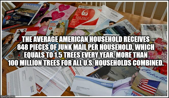 444Living Und Diysile L.L.Bean The Average American Household Receives 848 Pieces Of Junk Mail Per Househoid Which 6 Equals To 1.5 Trees Every Year, More Than 100 Million Trees For All U.S. Households Combined. ia Sigsenergy Samme imgflip.com