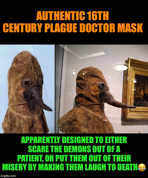 plague doctors - Authentic 16TH Century Plague Doctor Mask Apparently Designed To Either Scare The Demons Out Of A Patient, Or Put Them Out Of Their Misery By Making Them Laugh To Death imgflip.com