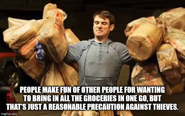 grocery one trip - People Make Fun Of Other People For Wanting To Bring In All The Groceries In One Go, But That'S Just A Reasonable Precaution Against Thieves. imgflip.com