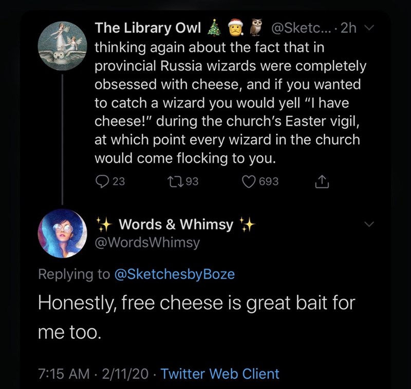 screenshot - The Library Owl 20% .... 2h v thinking again about the fact that in provincial Russia wizards were completely obsessed with cheese, and if you wanted to catch a wizard you would yell "I have cheese!" during the church's Easter vigil, at which